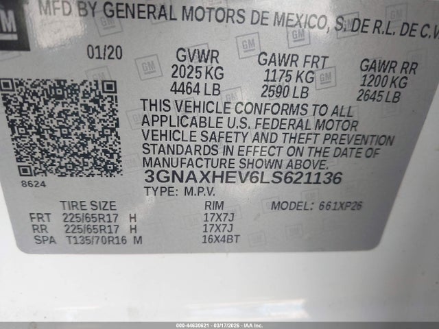 44630621 :رقم المزاد ، 3GNAXHEV6LS621136 vin ، 2020 Chevrolet Equinox Fwd Ls مزاد بيع