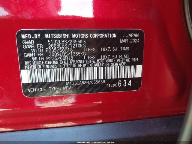 44630623 :رقم المزاد ، JA4J3UA88RZ055659 vin ، 2024 Mitsubishi Outlander Es 2.5 2wd مزاد بيع