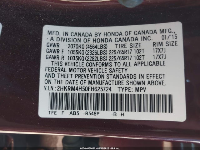 Honda CR-V EX 2015 2HKRM4H50FH625724 Image 9