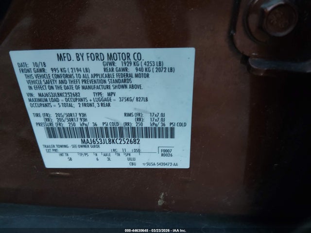 Aukcja sprzedaży 2019 Ford Ecosport Ses, vin: MAJ6S3JL8KC252682, numer aukcji: 44630648