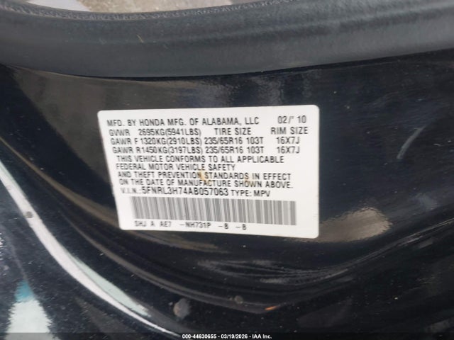 2010 Honda Odyssey Ex-l მანქანა იყიდება აუქციონზე, vin: 5FNRL3H74AB057063, აუქციონის ნომერი: 44630655