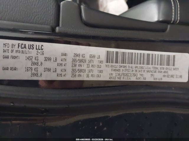 Продаж на аукціоні авто 2016 Jeep Grand Cherokee Limited, vin: 1C4RJFBG0GC317643, номер лоту: 44630685
