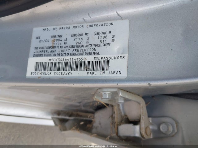 2004 Mazda Mazda3 S მანქანა იყიდება აუქციონზე, vin: JM1BK343641141650, აუქციონის ნომერი: 44630687