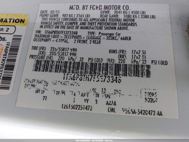 44630693 :رقم المزاد ، 1FA6P8TH7F5373348 vin ، 2015 Ford Mustang Ecoboost مزاد بيع