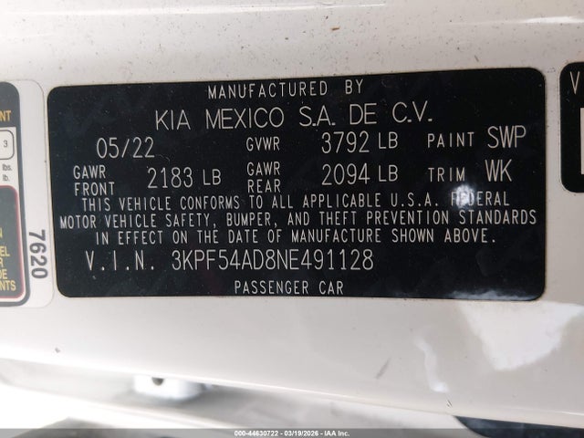 Продажа на аукционе авто 2022 Kia Forte Gt-line, vin: 3KPF54AD8NE491128, номер лота: 44630722