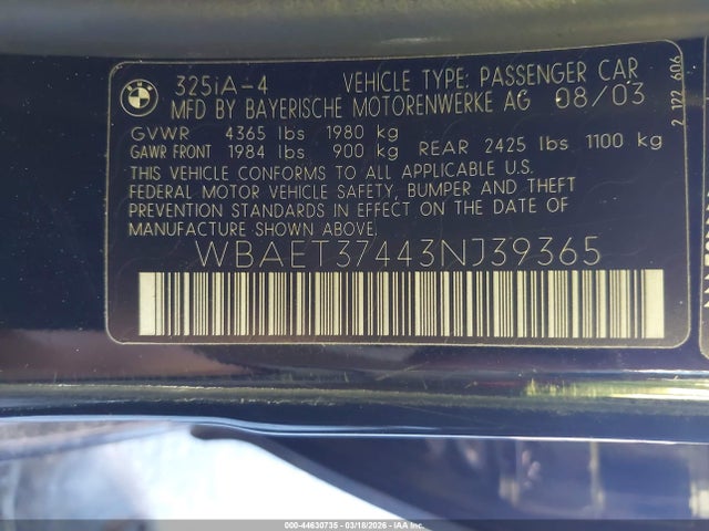44630735 :رقم المزاد ، WBAET37443NJ39365 vin ، 2003 Bmw 325i مزاد بيع