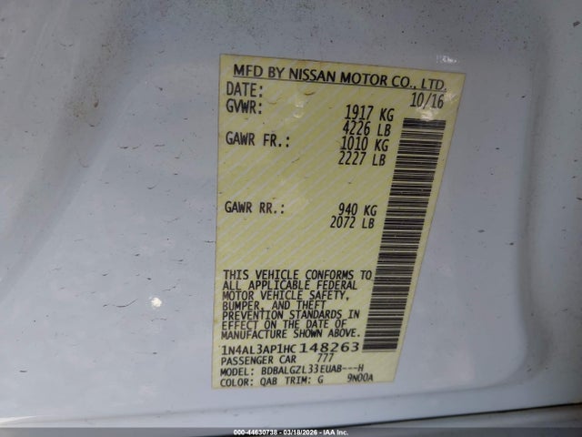 44630738 :رقم المزاد ، 1N4AL3AP1HC148263 vin ، 2017 Nissan Altima 2.5 S مزاد بيع