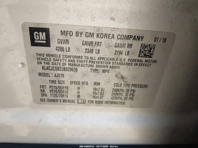 Aukcja sprzedaży 2018 Buick Encore Essence, vin: KL4CJCSB2JB629639, numer aukcji: 44630747