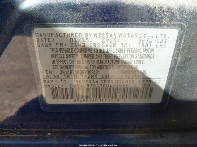 Aukcja sprzedaży 2019 Nissan Sentra Sr, vin: 3N1AB7AP3KY302431, numer aukcji: 44630749