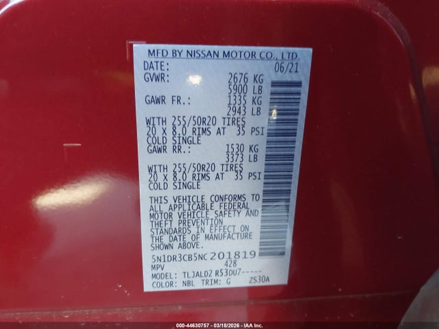 44630757 :رقم المزاد ، 5N1DR3CB5NC201819 vin ، 2022 Nissan Pathfinder Sl 2wd مزاد بيع