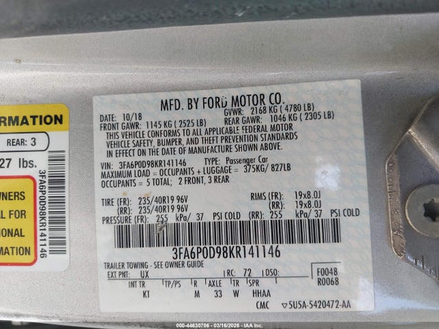 3FA6P0D98KR141146 Ford Fusion Titanium