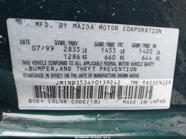 Aukcja sprzedaży 2000 Mazda Mx-5 Miata Ls/special Edition, vin: JM1NB3534Y0139242, numer aukcji: 44630789