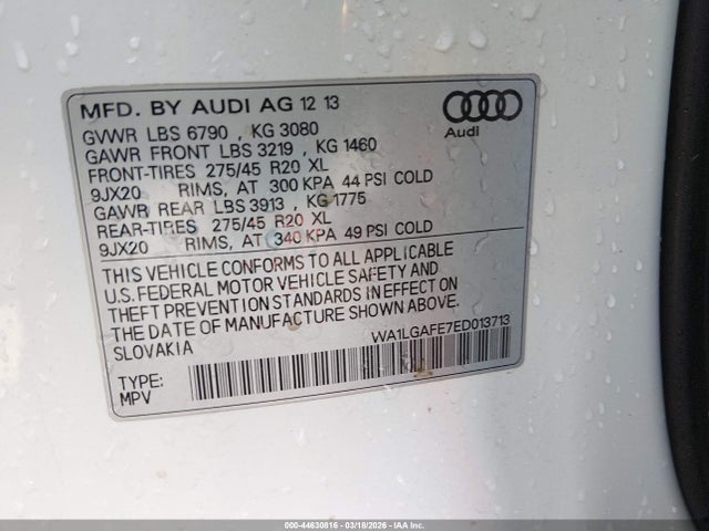 44630816 :رقم المزاد ، WA1LGAFE7ED013713 vin ، 2014 Audi Q7 3.0t Premium مزاد بيع