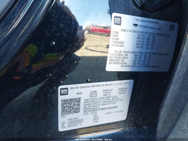 44630844 :رقم المزاد ، 3GTU9EET9MG401684 vin ، 2021 Gmc Sierra 1500 4wd  Short Box At4 مزاد بيع