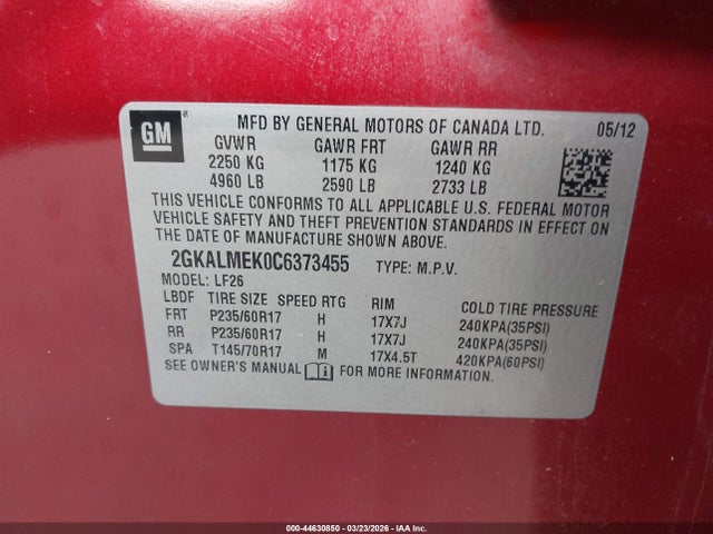 2012 Gmc Terrain Sle-1 მანქანა იყიდება აუქციონზე, vin: 2GKALMEK0C6373455, აუქციონის ნომერი: 44630850