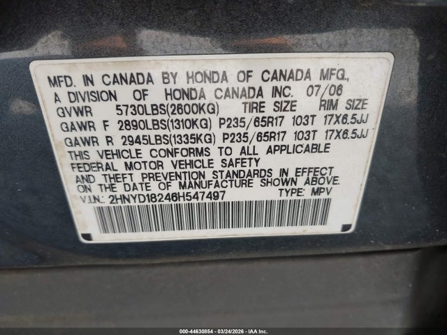 2006 Acura Mdx მანქანა იყიდება აუქციონზე, vin: 2HNYD18246H547497, აუქციონის ნომერი: 44630854