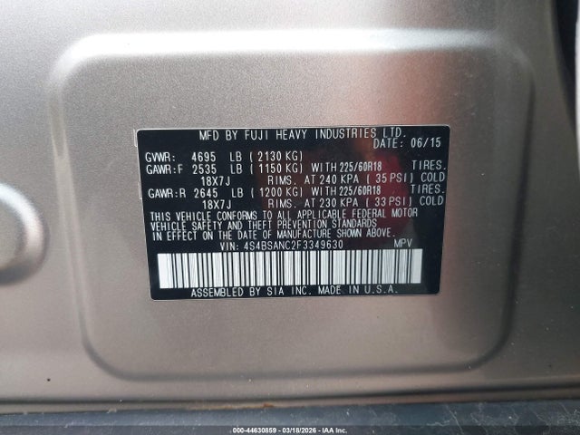 Продаж на аукціоні авто 2015 Subaru Outback 2.5i Limited, vin: 4S4BSANC2F3349630, номер лоту: 44630859
