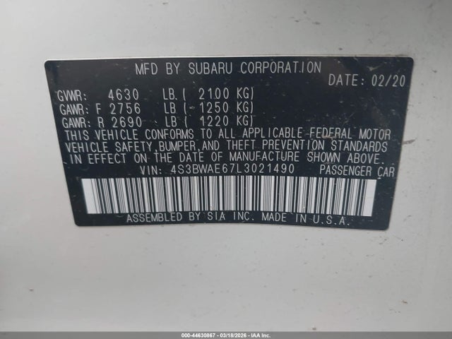 44630867 :رقم المزاد ، 4S3BWAE67L3021490 vin ، 2020 Subaru Legacy Premium مزاد بيع