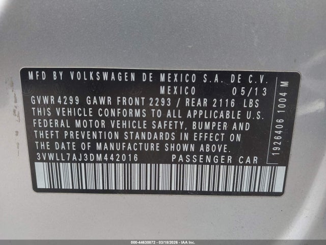 44630872 :رقم المزاد ، 3VWLL7AJ3DM442016 vin ، 2013 Volkswagen Jetta 2.0l Tdi مزاد بيع