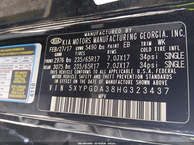 Продаж на аукціоні авто 2017 Kia Sorento 2.4l Lx, vin: 5XYPGDA38HG323437, номер лоту: 44630888