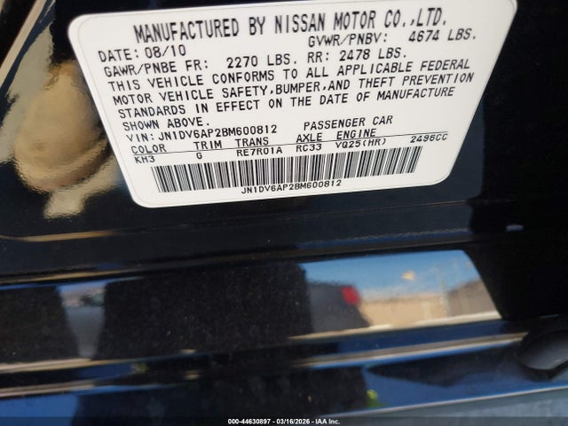 Продажа на аукционе авто 2011 Infiniti G25, vin: JN1DV6AP2BM600812, номер лота: 44630897