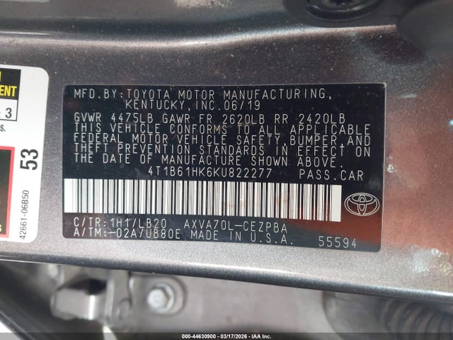 Aukcja sprzedaży 2019 Toyota Camry Xse, vin: 4T1B61HK6KU822277, numer aukcji: 44630900