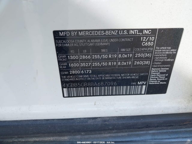 Продаж на аукціоні авто 2011 Mercedes-benz Ml 350, vin: 4JGBB5GB8BA687096, номер лоту: 44630901