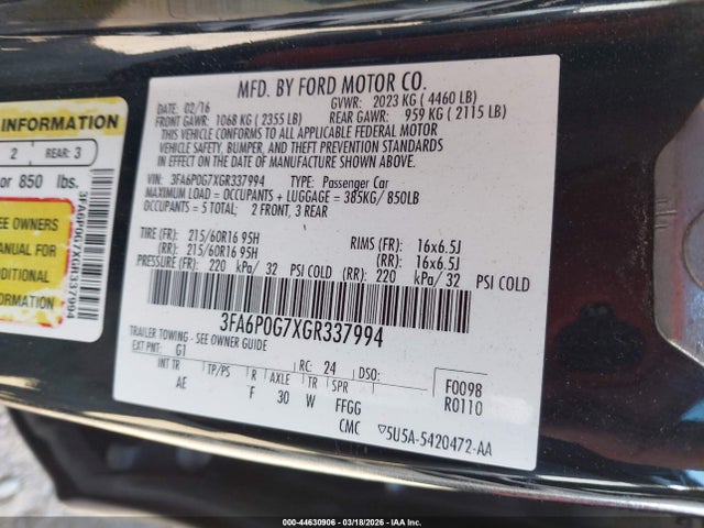 Ford FUSION S 2016 3FA6P0G7XGR337994 Image 9