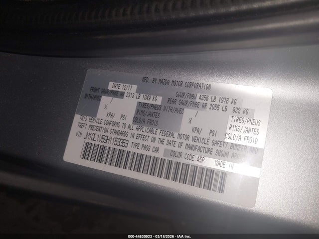 2017 Mazda Mazda6 Touring მანქანა იყიდება აუქციონზე, vin: JM1GL1V59H1153353, აუქციონის ნომერი: 44630923