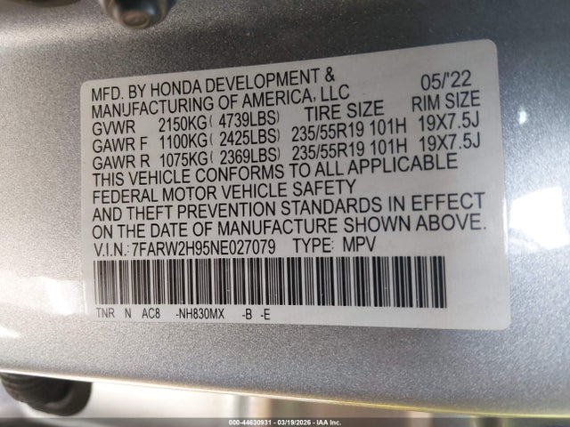 2022 Honda Cr-v Awd Touring მანქანა იყიდება აუქციონზე, vin: 7FARW2H95NE027079, აუქციონის ნომერი: 44630931