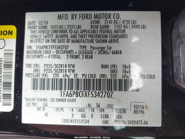 1FA6P8CFXF5342707 Ford Mustang Gt Premium