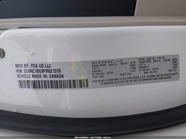 2023 Chrysler Pacifica Touring L მანქანა იყიდება აუქციონზე, vin: 2C4RC1BG9PR621378, აუქციონის ნომერი: 44630943