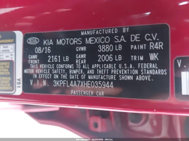 Aukcja sprzedaży 2017 Kia Forte S, vin: 3KPFL4A7XHE035944, numer aukcji: 44630947
