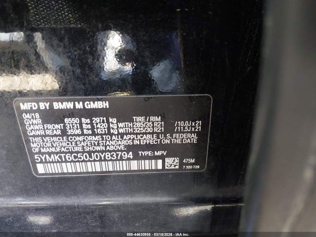 Продаж на аукціоні авто 2018 Bmw X5 M, vin: 5YMKT6C50J0Y83794, номер лоту: 44630958