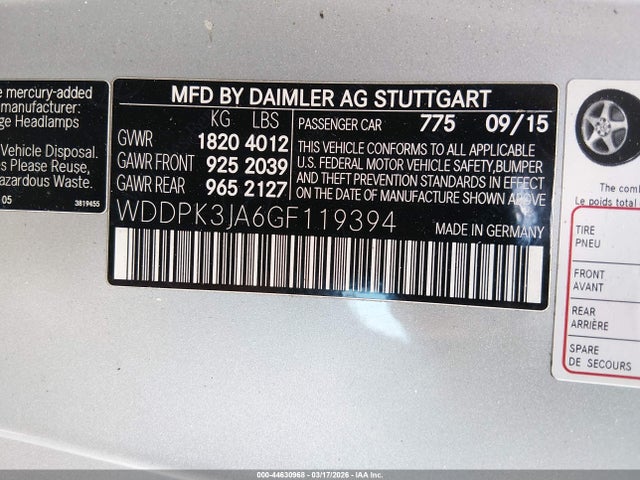 2016 Mercedes-benz Slk 300 მანქანა იყიდება აუქციონზე, vin: WDDPK3JA6GF119394, აუქციონის ნომერი: 44630968
