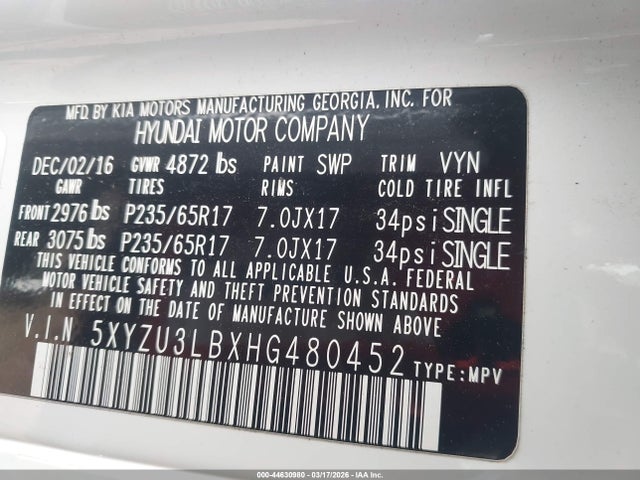 44630980 :رقم المزاد ، 5XYZU3LBXHG480452 vin ، 2017 Hyundai Santa Fe Sport 2.4l مزاد بيع