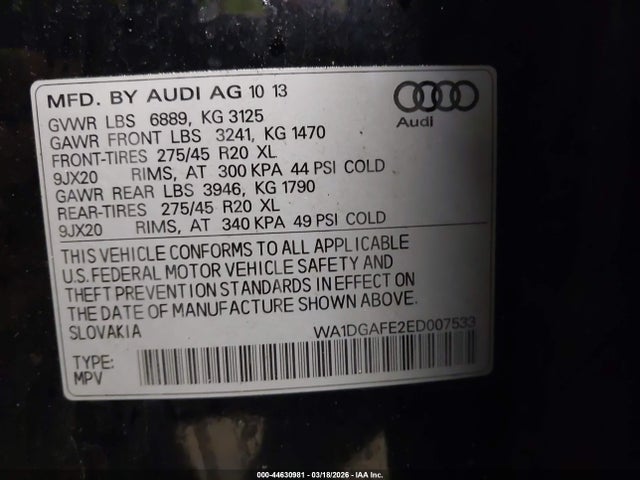 2014 Audi Q7 3.0t S Line Prestige მანქანა იყიდება აუქციონზე, vin: WA1DGAFE2ED007533, აუქციონის ნომერი: 44630981
