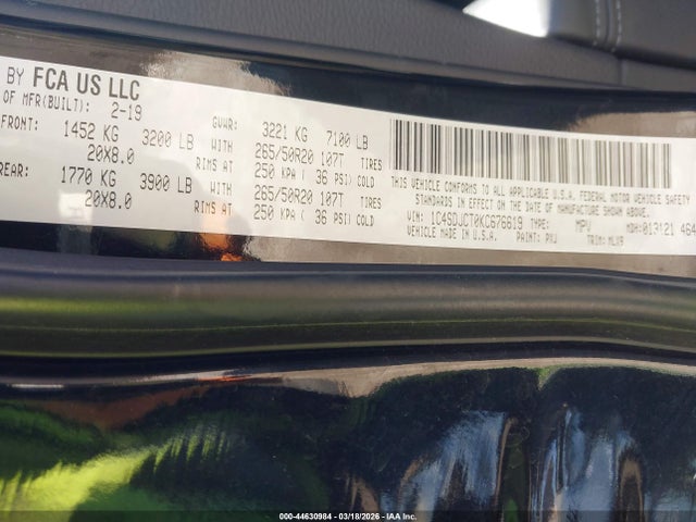 44630984 :رقم المزاد ، 1C4SDJCT0KC676619 vin ، 2019 Dodge Durango R/t Awd مزاد بيع