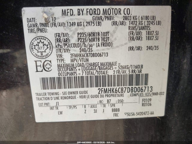Продаж на аукціоні авто 2013 Ford Flex Sel, vin: 2FMHK6C87DBD06713, номер лоту: 44630985