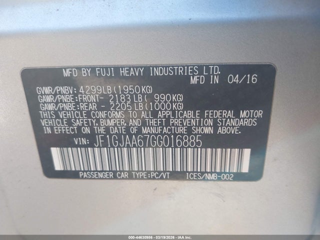 Aukcja sprzedaży 2016 Subaru Impreza 2.0i, vin: JF1GJAA67GG016885, numer aukcji: 44630986
