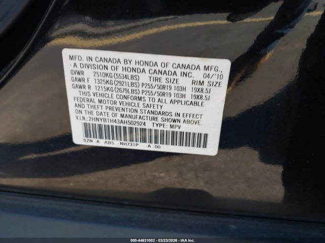 Продаж на аукціоні авто 2010 Acura Zdx, vin: 2HNYB1H43AH502924, номер лоту: 44631002