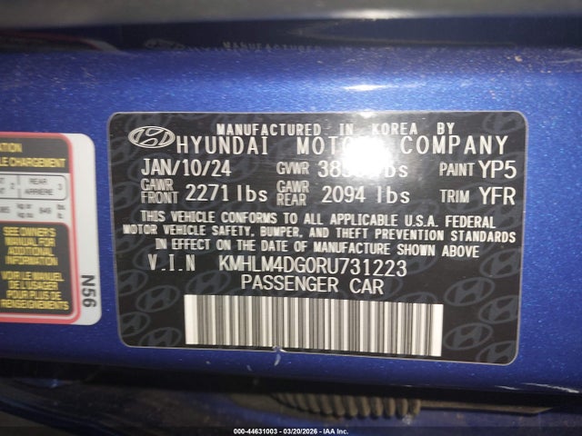 Продажа на аукционе авто 2024 Hyundai Elantra Sel, vin: KMHLM4DG0RU731223, номер лота: 44631003
