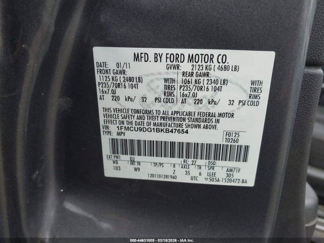 44631009 :رقم المزاد ، 1FMCU9DG1BKB47654 vin ، 2011 Ford Escape Xlt مزاد بيع