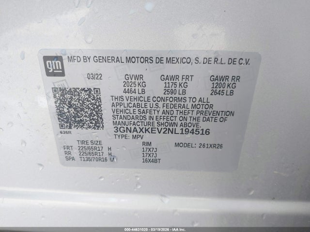 Продажа на аукционе авто 2022 Chevrolet Equinox Fwd Lt, vin: 3GNAXKEV2NL194516, номер лота: 44631020
