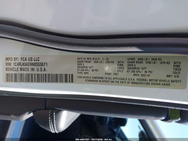 Продаж на аукціоні авто 2022 Jeep Grand Cherokee L Altitude 4x4, vin: 1C4RJKAG9N8553671, номер лоту: 44631021