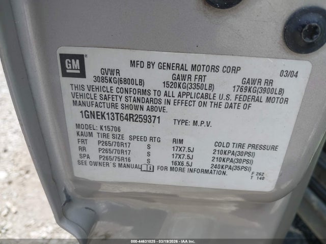 Aukcja sprzedaży 2004 Chevrolet Tahoe Z71, vin: 1GNEK13T64R259371, numer aukcji: 44631025