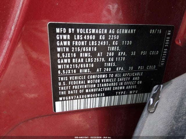 Aukcja sprzedaży 2016 Volkswagen Tiguan S, vin: WVGBV7AX8GW040635, numer aukcji: 44631041