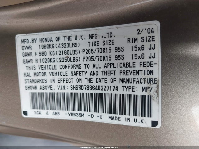 2004 HONDA CR-V SHSRD78864U227174 Photo 8