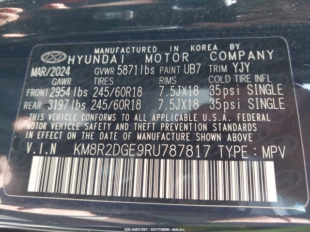 Aukcja sprzedaży 2024 Hyundai Palisade Sel, vin: KM8R2DGE9RU787817, numer aukcji: 44631081