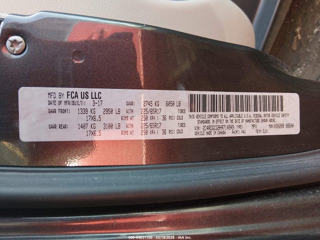44631100 :رقم المزاد ، 2C4RDGCG9HR714949 vin ، 2017 Dodge Grand Caravan Sxt مزاد بيع